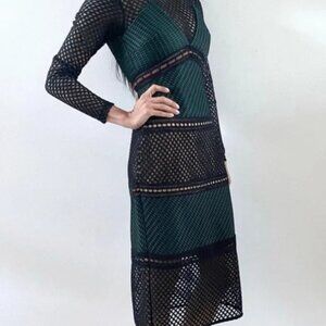SELF PORTRAIT FOREST GREEN FITTED PANEL LACE MIDI DRESS M $545